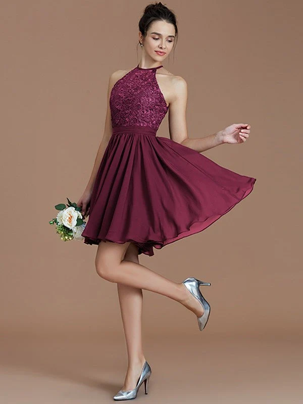 Charming Halter Sleeveless Lace Short/Mini Chiffon Bridesmaid Dresses - Image 11