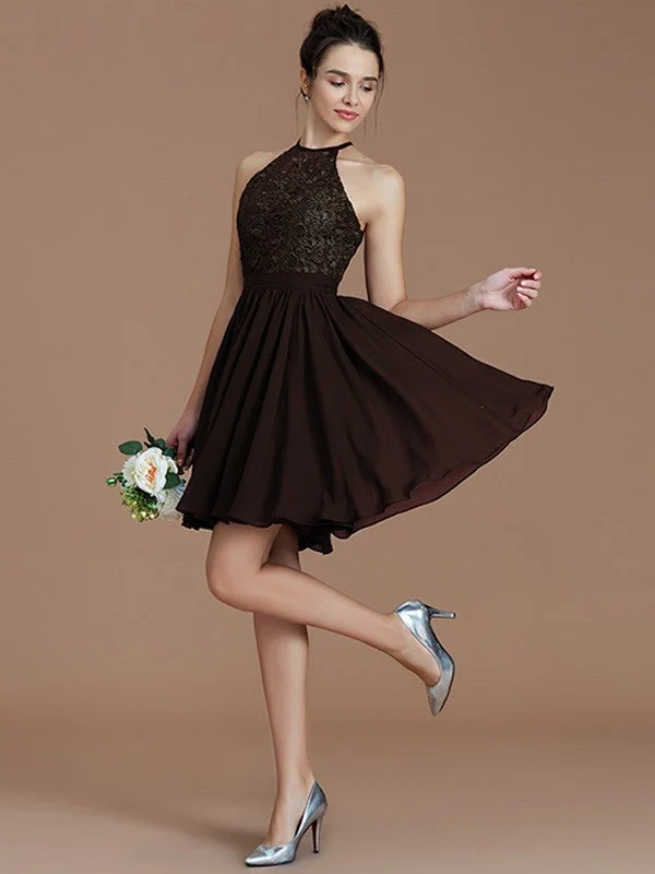 Charming Halter Sleeveless Lace Short/Mini Chiffon Bridesmaid Dresses - Image 13