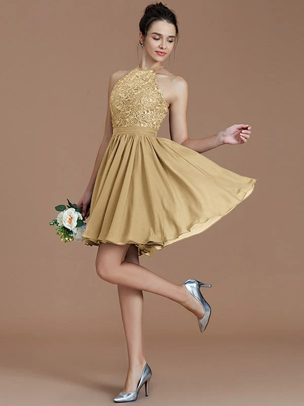Charming Halter Sleeveless Lace Short/Mini Chiffon Bridesmaid Dresses - Image 18