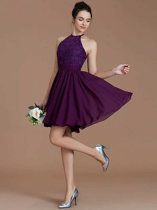 Charming Halter Sleeveless Lace Short/Mini Chiffon Bridesmaid Dresses - Image 19