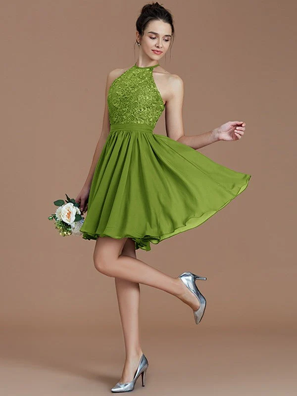 Charming Halter Sleeveless Lace Short/Mini Chiffon Bridesmaid Dresses - Image 20