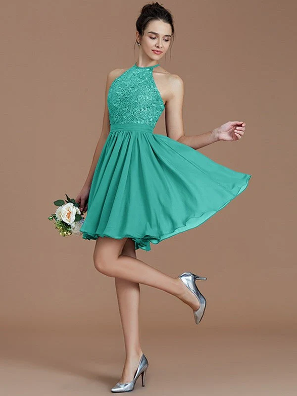 Charming Halter Sleeveless Lace Short/Mini Chiffon Bridesmaid Dresses - Image 21