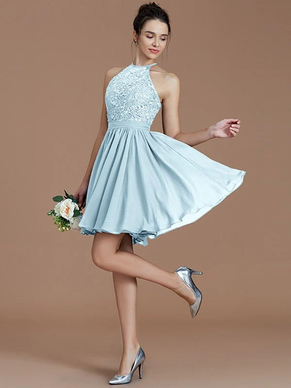 Charming Halter Sleeveless Lace Short/Mini Chiffon Bridesmaid Dresses - Image 24