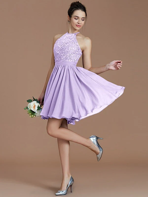 Charming Halter Sleeveless Lace Short/Mini Chiffon Bridesmaid Dresses - Image 25