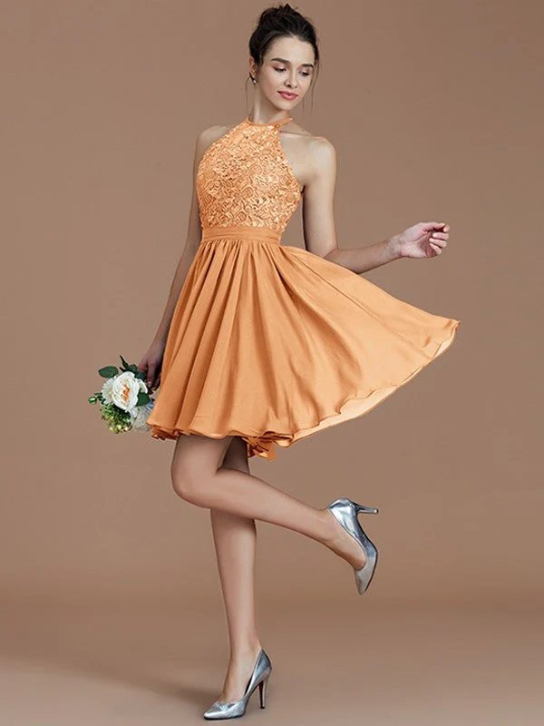 Charming Halter Sleeveless Lace Short/Mini Chiffon Bridesmaid Dresses - Image 26