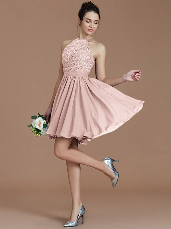 Charming Halter Sleeveless Lace Short/Mini Chiffon Bridesmaid Dresses - Image 27