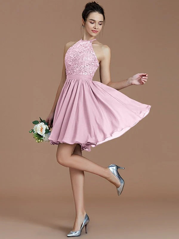 Charming Halter Sleeveless Lace Short/Mini Chiffon Bridesmaid Dresses - Image 28