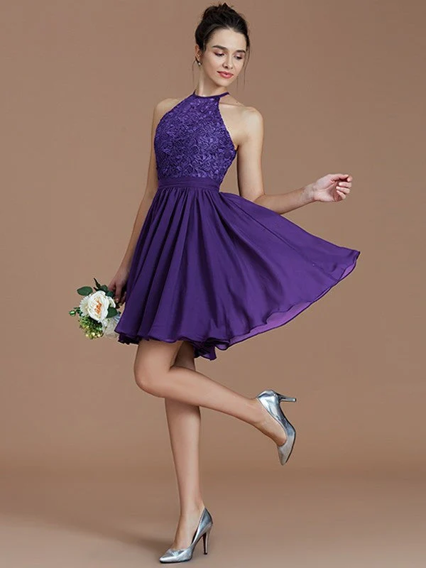 Charming Halter Sleeveless Lace Short/Mini Chiffon Bridesmaid Dresses - Image 29