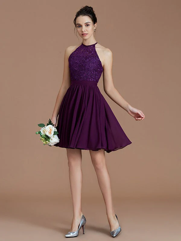 Charming Halter Sleeveless Lace Short/Mini Chiffon Bridesmaid Dresses - Image 3