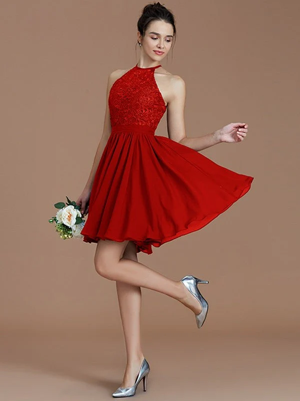 Charming Halter Sleeveless Lace Short/Mini Chiffon Bridesmaid Dresses - Image 30