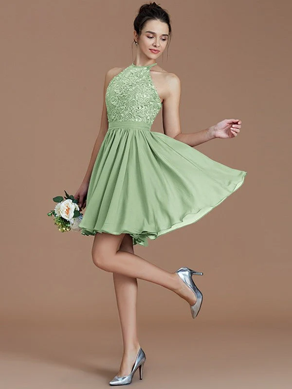 Charming Halter Sleeveless Lace Short/Mini Chiffon Bridesmaid Dresses - Image 32