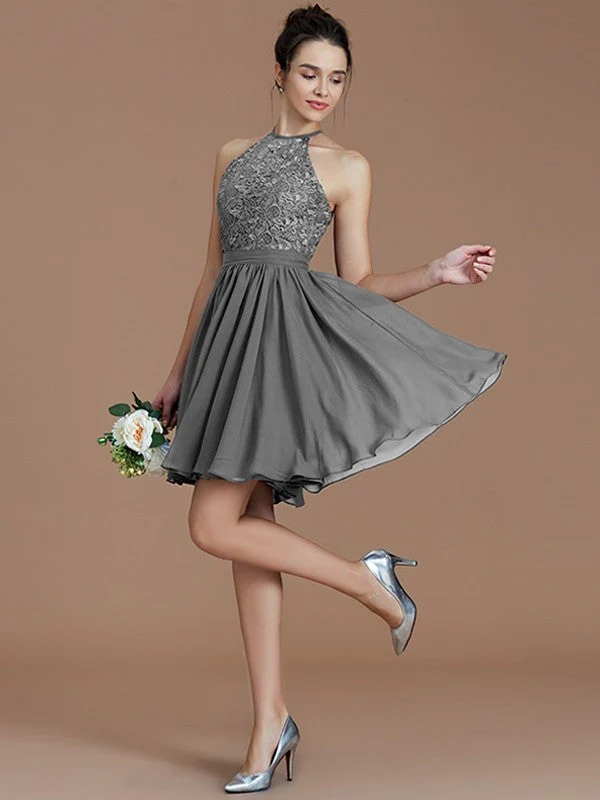 Charming Halter Sleeveless Lace Short/Mini Chiffon Bridesmaid Dresses - Image 33