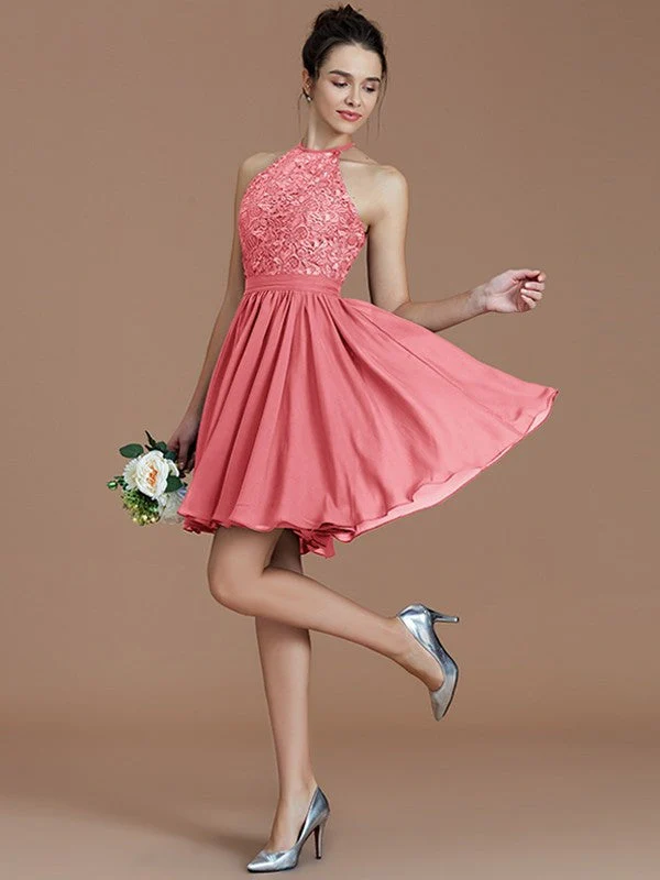 Charming Halter Sleeveless Lace Short/Mini Chiffon Bridesmaid Dresses - Image 34