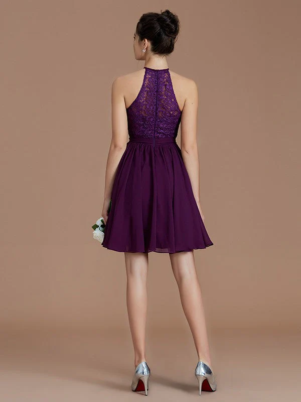 Charming Halter Sleeveless Lace Short/Mini Chiffon Bridesmaid Dresses - Image 36