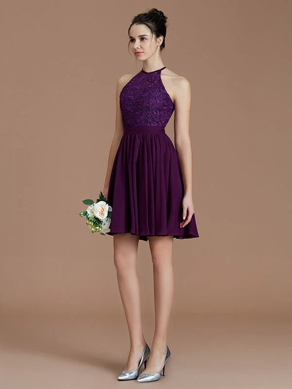 Charming Halter Sleeveless Lace Short/Mini Chiffon Bridesmaid Dresses - Image 4