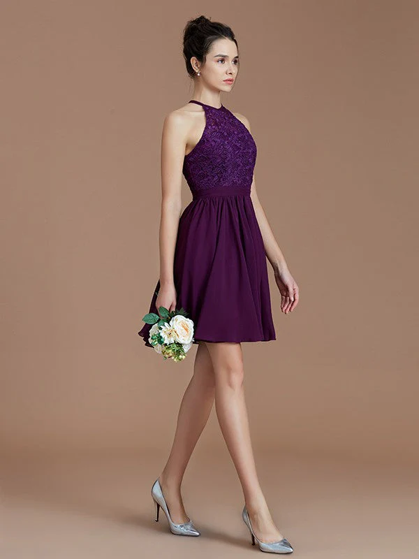 Charming Halter Sleeveless Lace Short/Mini Chiffon Bridesmaid Dresses - Image 5