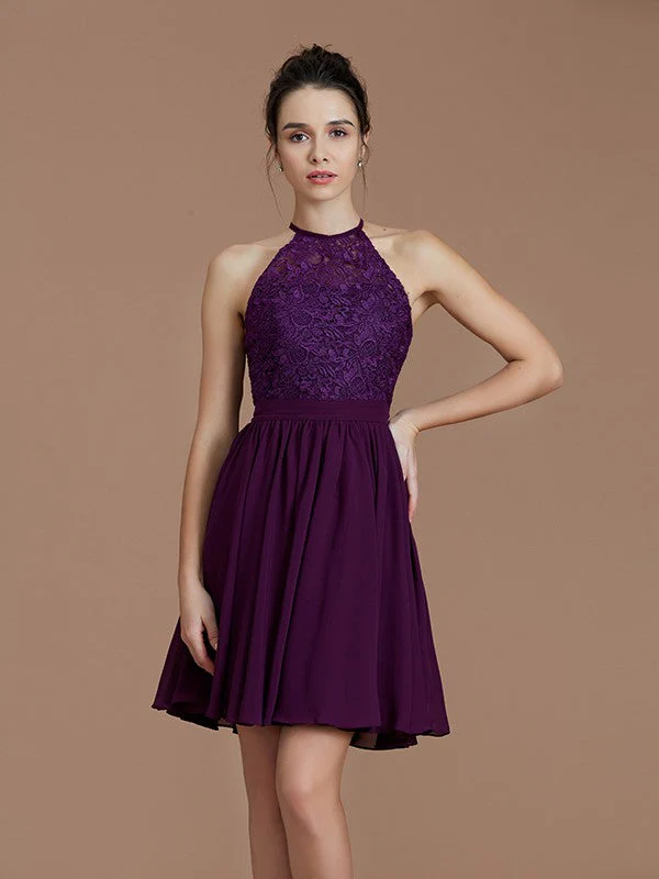 Charming Halter Sleeveless Lace Short/Mini Chiffon Bridesmaid Dresses - Image 7