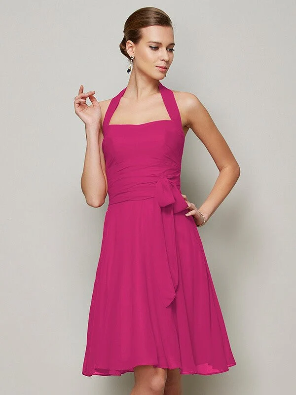 Charming Halter Sleeveless Pleats Bowknot Short Chiffon Bridesmaid Dresses - Image 11