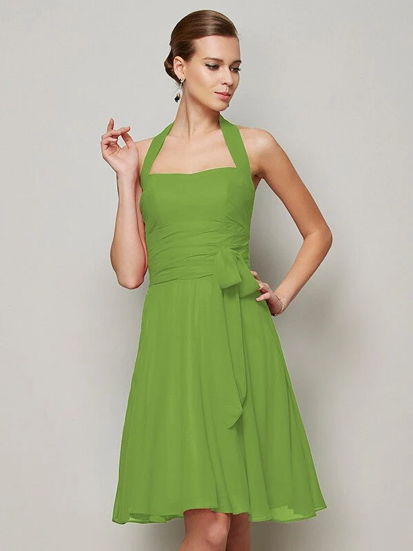 Charming Halter Sleeveless Pleats Bowknot Short Chiffon Bridesmaid Dresses - Image 13