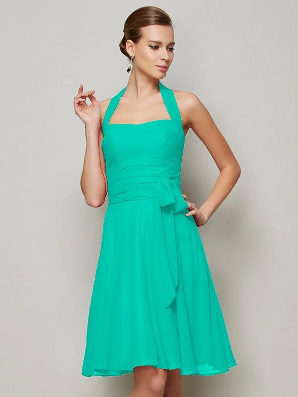 Charming Halter Sleeveless Pleats Bowknot Short Chiffon Bridesmaid Dresses - Image 14