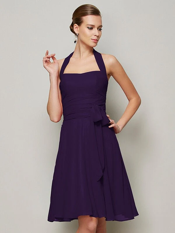 Charming Halter Sleeveless Pleats Bowknot Short Chiffon Bridesmaid Dresses - Image 15
