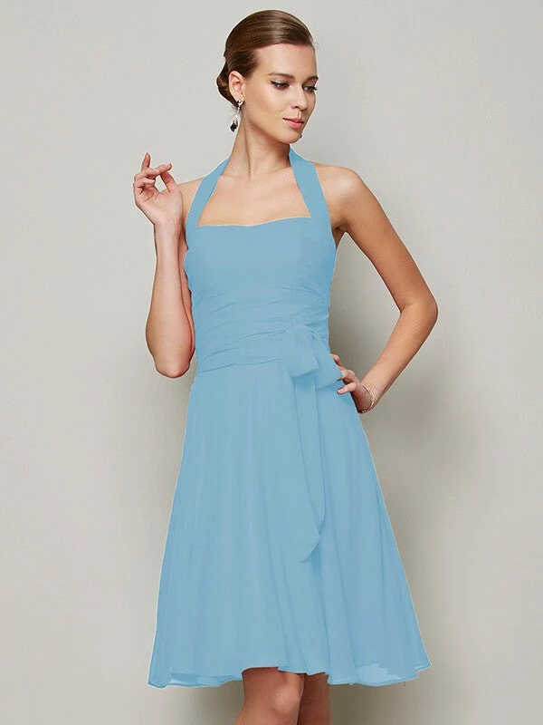 Charming Halter Sleeveless Pleats Bowknot Short Chiffon Bridesmaid Dresses - Image 18