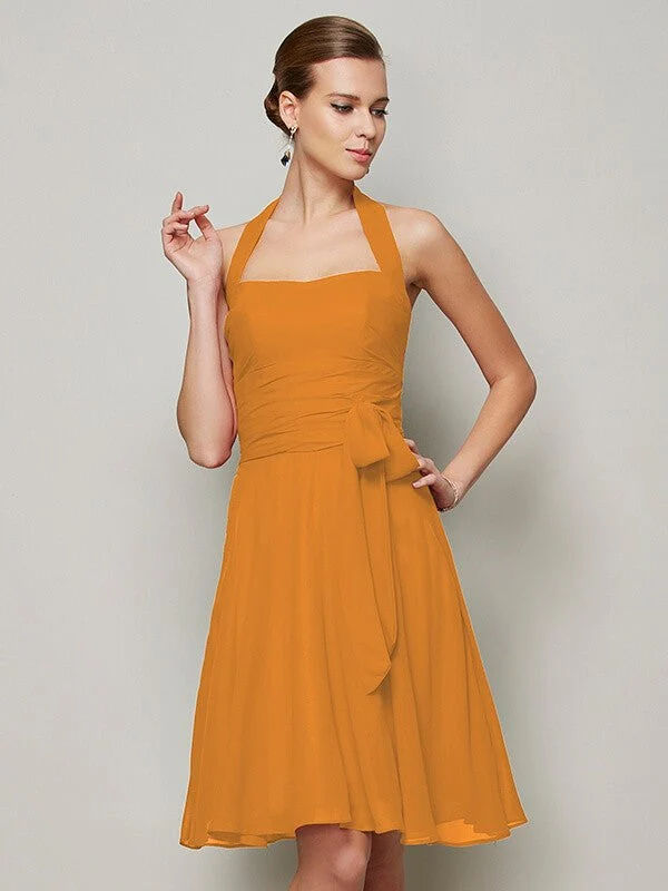 Charming Halter Sleeveless Pleats Bowknot Short Chiffon Bridesmaid Dresses - Image 19