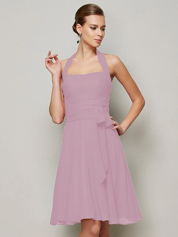 Charming Halter Sleeveless Pleats Bowknot Short Chiffon Bridesmaid Dresses - Image 20