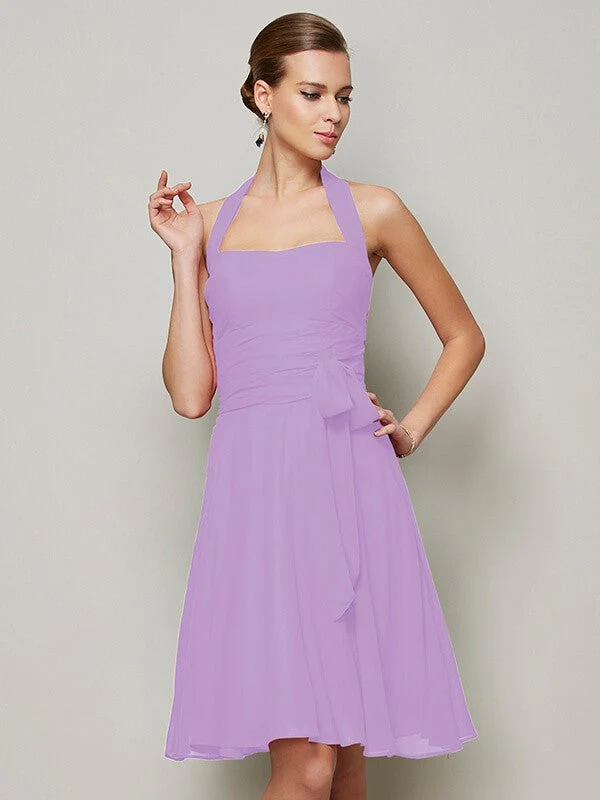 Charming Halter Sleeveless Pleats Bowknot Short Chiffon Bridesmaid Dresses - Image 21