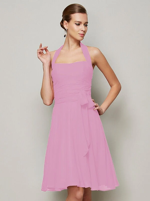 Charming Halter Sleeveless Pleats Bowknot Short Chiffon Bridesmaid Dresses - Image 22