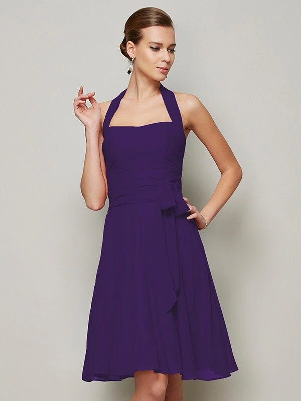Charming Halter Sleeveless Pleats Bowknot Short Chiffon Bridesmaid Dresses - Image 23