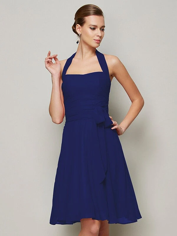 Charming Halter Sleeveless Pleats Bowknot Short Chiffon Bridesmaid Dresses - Image 24