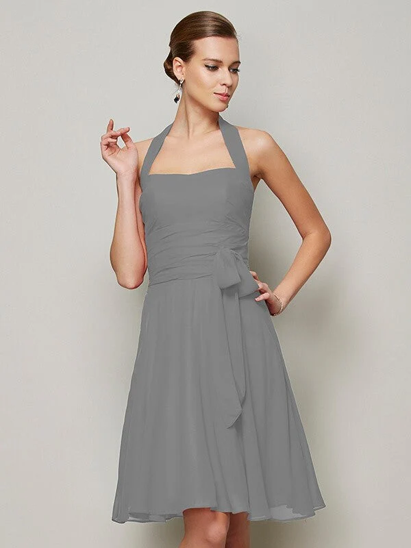Charming Halter Sleeveless Pleats Bowknot Short Chiffon Bridesmaid Dresses - Image 26