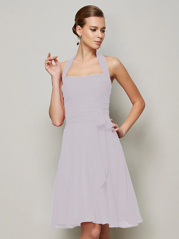 Charming Halter Sleeveless Pleats Bowknot Short Chiffon Bridesmaid Dresses - Image 28