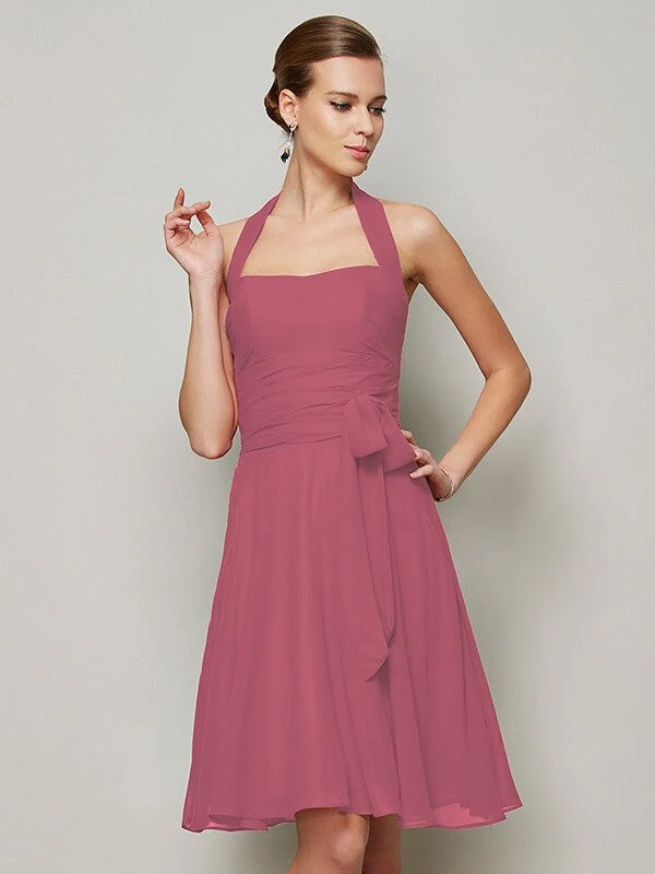 Charming Halter Sleeveless Pleats Bowknot Short Chiffon Bridesmaid Dresses - Image 29