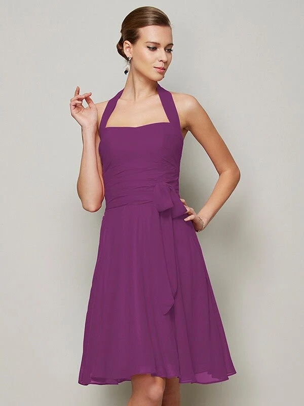 Charming Halter Sleeveless Pleats Bowknot Short Chiffon Bridesmaid Dresses - Image 3