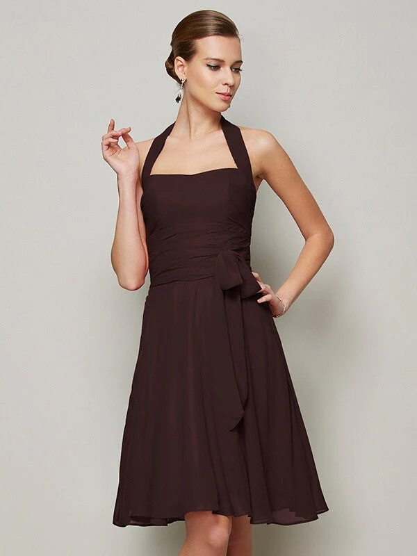 Charming Halter Sleeveless Pleats Bowknot Short Chiffon Bridesmaid Dresses - Image 5
