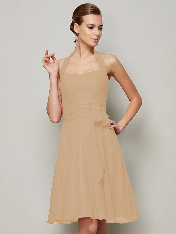 Charming Halter Sleeveless Pleats Bowknot Short Chiffon Bridesmaid Dresses - Image 6