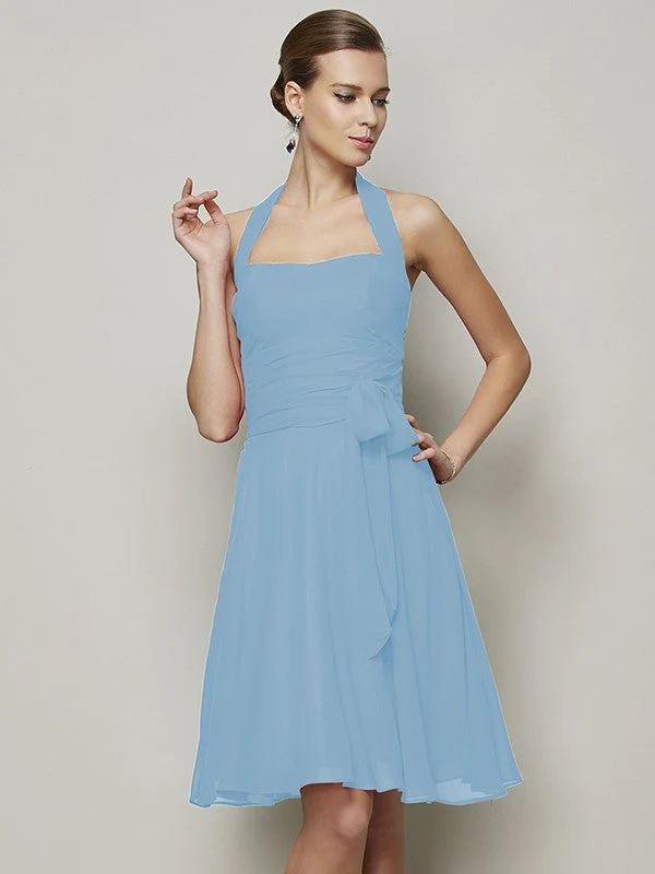 Charming Halter Sleeveless Pleats Bowknot Short Chiffon Bridesmaid Dresses - Image 7