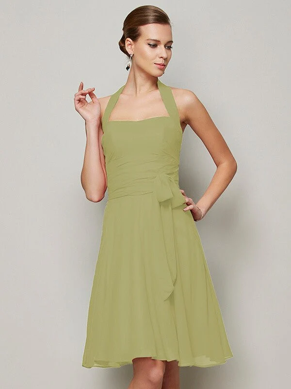 Charming Halter Sleeveless Pleats Bowknot Short Chiffon Bridesmaid Dresses - Image 8