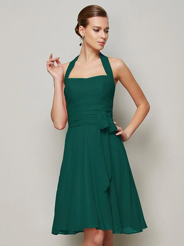 Charming Halter Sleeveless Pleats Bowknot Short Chiffon Bridesmaid Dresses - Image 9