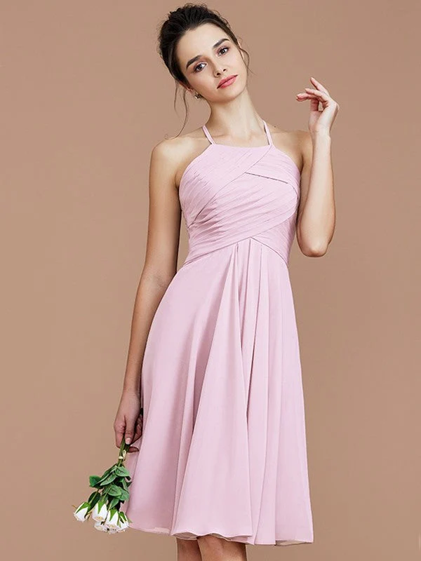 Charming Halter Sleeveless Ruched Short/Mini Chiffon Bridesmaid Dresses - Image 28
