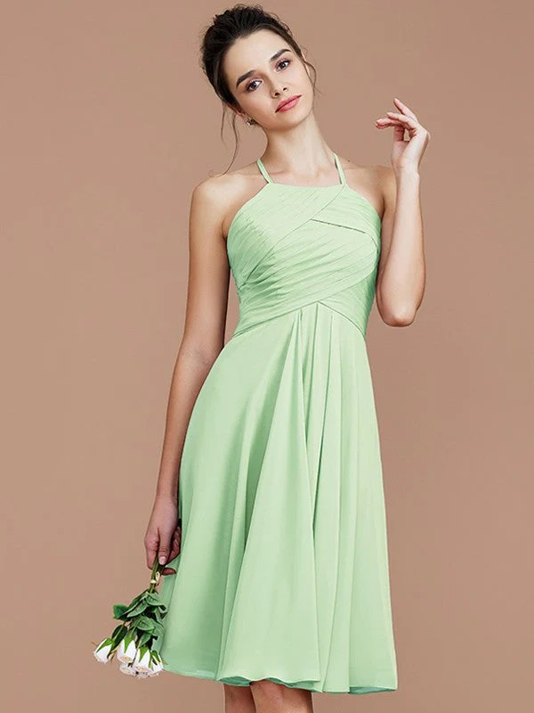 Charming Halter Sleeveless Ruched Short/Mini Chiffon Bridesmaid Dresses - Image 32