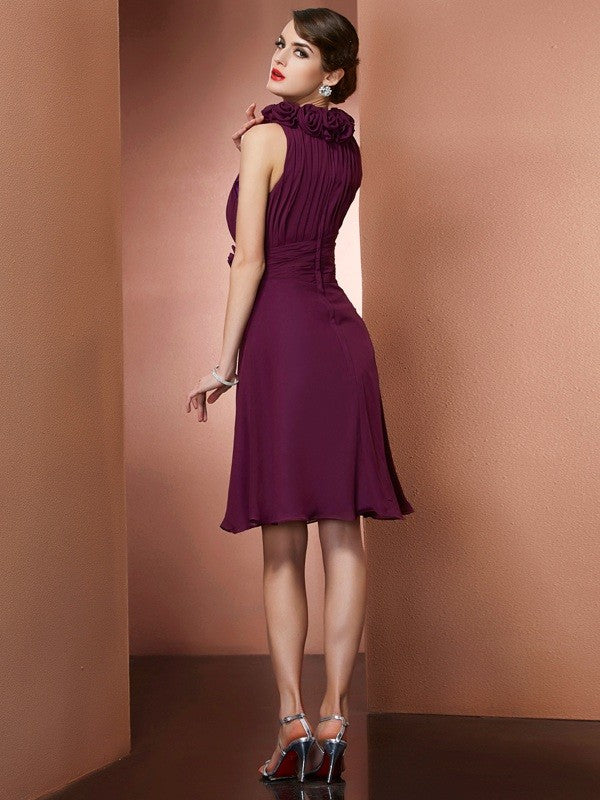 Charming High Neck Sleeveless Hand-Made Flower Short Chiffon Bridesmaid Dresses - Image 2