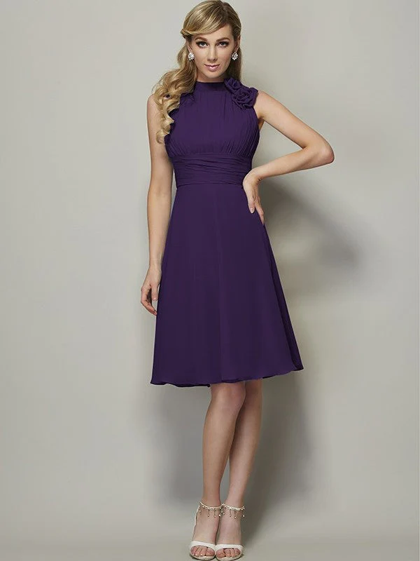 Charming High Neck Sleeveless Pleats Short Chiffon Bridesmaid Dresses - Image 12