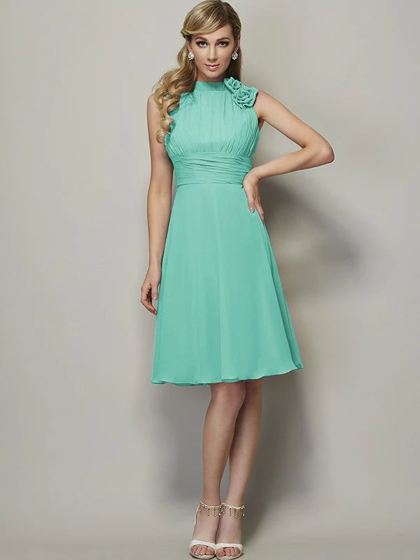 Charming High Neck Sleeveless Pleats Short Chiffon Bridesmaid Dresses - Image 15