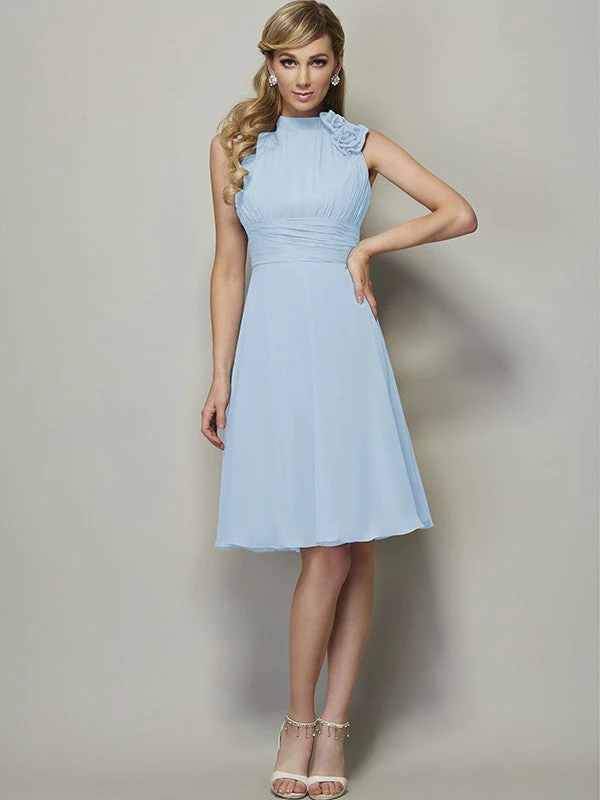 Charming High Neck Sleeveless Pleats Short Chiffon Bridesmaid Dresses - Image 17