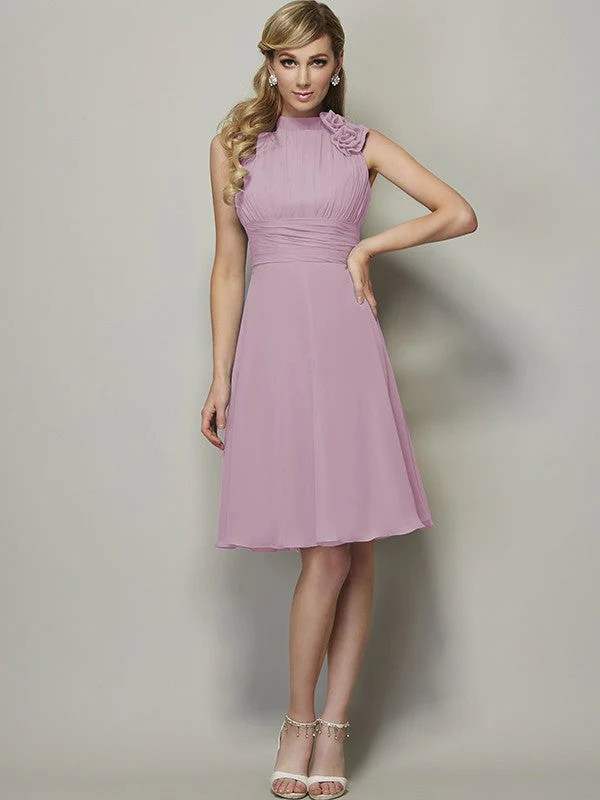 Charming High Neck Sleeveless Pleats Short Chiffon Bridesmaid Dresses - Image 22