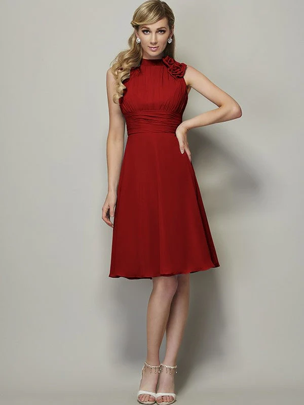Charming High Neck Sleeveless Pleats Short Chiffon Bridesmaid Dresses - Image 23