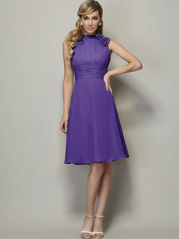 Charming High Neck Sleeveless Pleats Short Chiffon Bridesmaid Dresses - Image 24